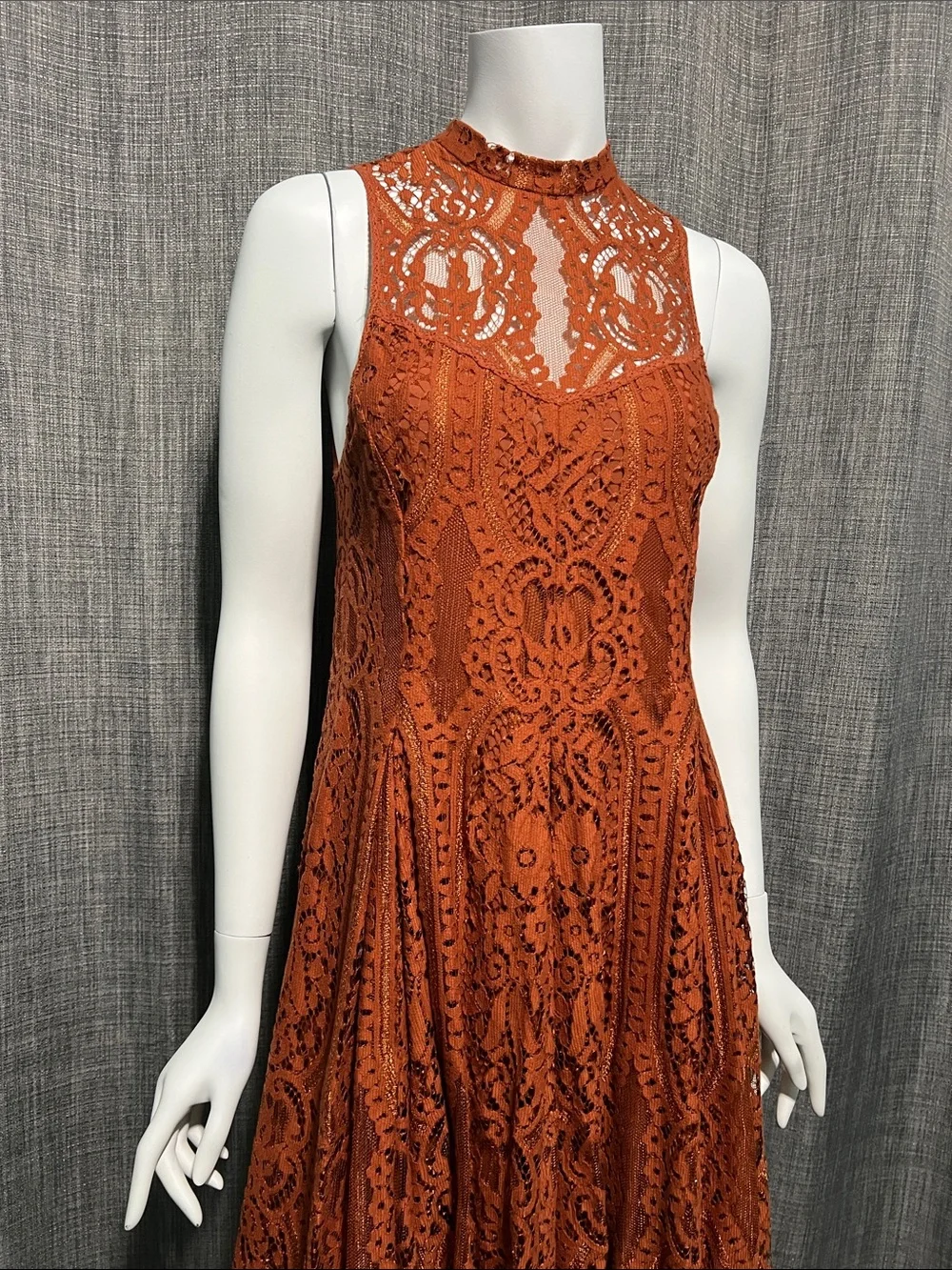 Free People Angel Ray Scalloped Lace Sleeveless Midi Dress Copper/Rust Orange XS